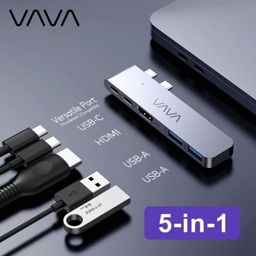 VAVA 5-Port USB-C Hub Dual-Monitor Adapter 5K 60Hz Display Versatile Thunderbolt 3 Compatible USB-C Port for 100W PD Charging