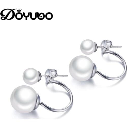 DOYUBO Antique Womens White Double Pearls Stud Earrings Lady Fashion Anaphylaxis Push Back Wedding Earrings Jewelry DB055