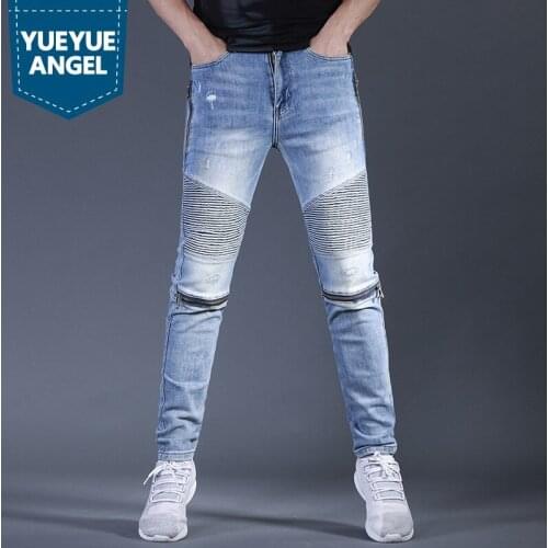 Summer Thin Slim Pencil Jeans Men Zipper Design Stretch Casual Trousers Biker Denim Pants Male