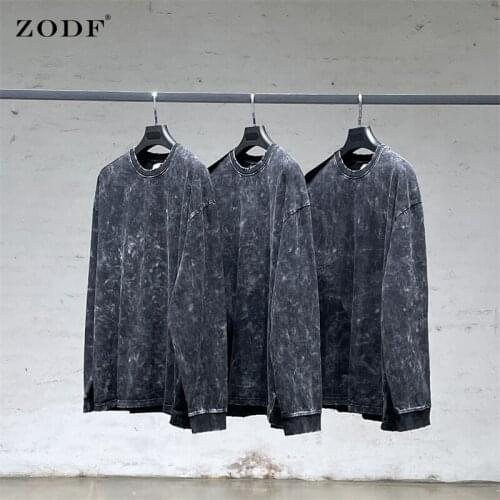ZODF New 2021 Autumn Men Washed Loose T Shirts High Street Women Unisex Basic Long Sleeve Tee Brand Streetwears HY0221