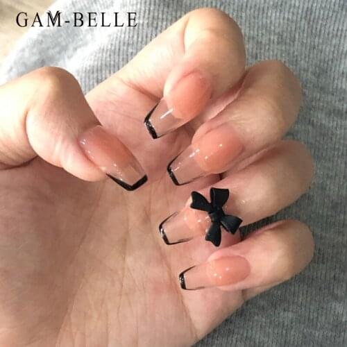 GAM-BELLE Nude Black Tips Fake Nails with 3D Bows Full Cover Ballerina Artificial False Nails Decoration DIY Manicure Tools