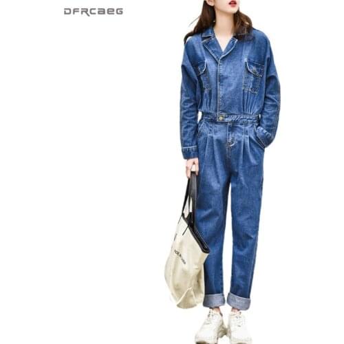 Blue Vintage Womens Jeans Denim Jumpsuit Pants 2020 Spring High Waist Streetwear Ladies Romper Long Sleeve Bodysuit Overalls