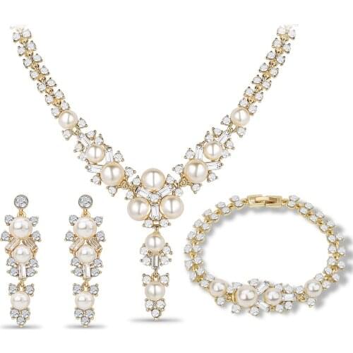 Women Wedding Dress Accessories Long Jewelry Sets Imitation Pearl Necklace Earrings Set African Beads Bridal Party