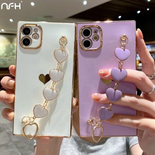 Cute Plating Love Heart Cover with Heart-shaped Chain Wrist Bracelet Phone Case For iPhone 11 Pro 12 Mini XS XR Max SE2 7 8 Plus