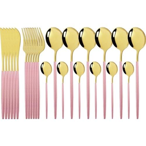 Pink Gold Cutlery Set Stainless Steel Dinnerware Set 24Pcs Knives Forks Coffee Spoons Flatware Set Kitchen Dinner Tableware Set