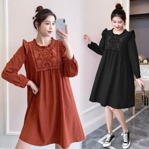 New Maternity Autumn Top Solid Maternity Dress Cotton Spring Embroidery Dress Pregnant Clothes Big Size Dress For Pregnant Women