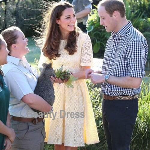 New Cutout Kate Middleton Princess Dress Elegant Yellow A-Line Dresses 1132