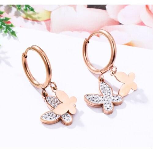New Crystal Earrings for Women Jewelry Gift Rose Gold High Quality Stainless Steel Butterfly Pendant Small Hoop Earring 2021