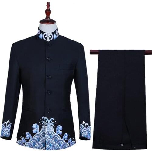 Embroidered clothes men Chinese tunic suit designs stage singers jacket men blazer dance star style dress stand collar black
