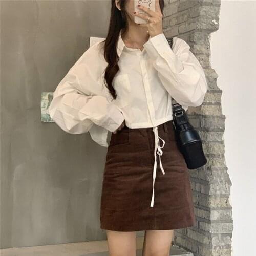 Autumn Korean Vintage Drawstring Bandage Bow Cute Full Sleeve Single-breasted Loose Shirt Preppy Style Sweet Girly Blouse Shirt