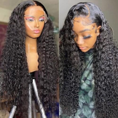 13x4 Lace Front Human Hair Wig 30 36 40Inch Remy Pre Plucked Malaysian Deep Wave Human Hair 180 Density Transparent Black Women