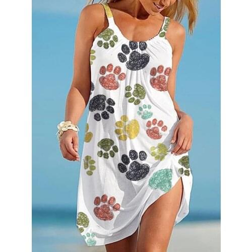 Summer Fashion Dog Paw 3D Printed Beach Dress Women Sleeveless Dresses Sexy Boho Streetwear A-Line Beachwear Girls Night Dress