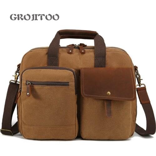 GROJITOO New portable straddle briefcase oil wax canvas bag single shoulder computer bag for men large capacity canvas briefcase