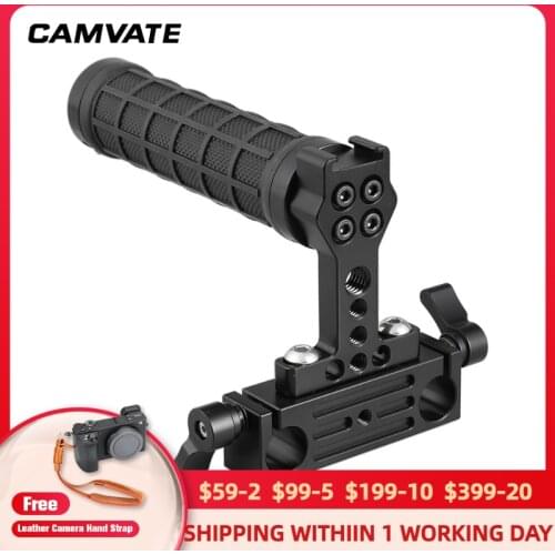 CAMVATE Rubber Top Handgrip With Cold Shoe Mount + Standard 15mm Dual Rod Clamp Adapter For DSLR Camera Cage Rig Support Syst