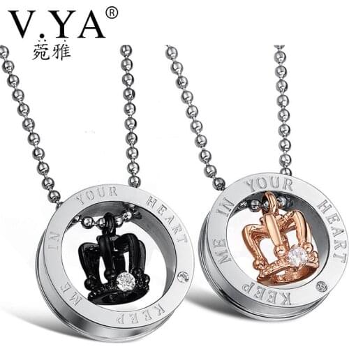 V.YA Romantic Couples Stainless Steel Necklaces Keep me in your heart Crown Pendant Necklace for Lovers Fashion Jewelries Charms