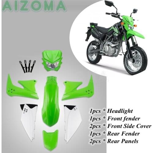 Green Dirt Pit Bike Headlight Body Side Cover Fairing Full Guard Kit w/ Front Rear Fender Mudguard For Kawasaki KLX 150 KLX150