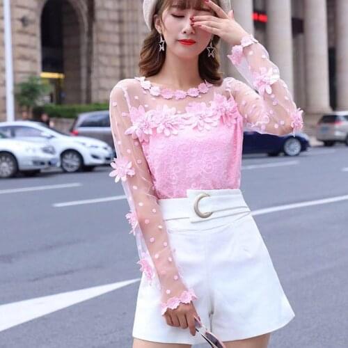 2019 Women Hollow Out Mesh Blouse Tops Spring Summer Dot Floral Lace Shirts Female Bottoming Long Sleeve Blouses OL Blusas A1345