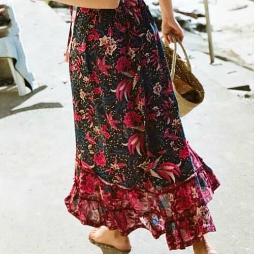 Boho Queens women Hippie birds floral print beach Bohemian pleated skirt High Elastic Waist Maxi A-Line Boho Skirt Femme