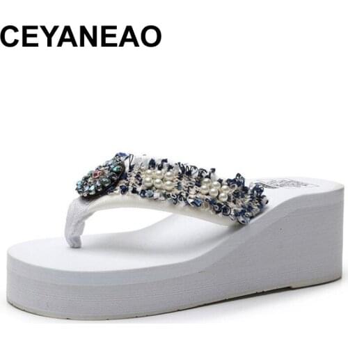 CEYANEAO Plus Size 35-42 Pearl Platform Sandals Women Crystal Flip Flops Summer Beach Sandalia feminina slipper femme zapatos