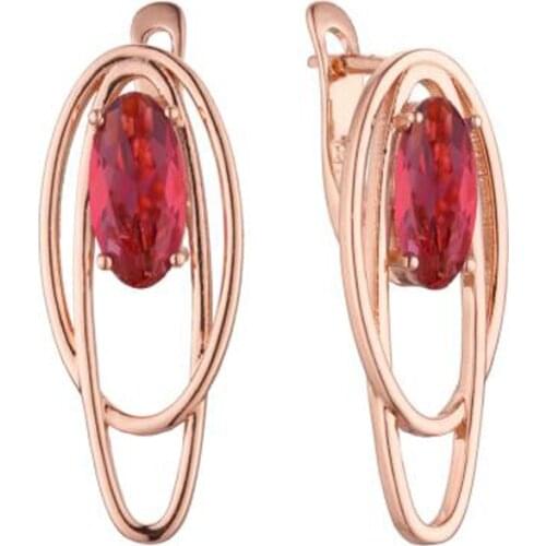 FJ Womens 585 Rose Gold Color Double Oval Red/Light Blue Stone Drop Earrings