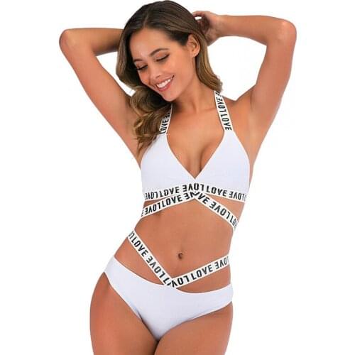 2020 Bikini Europe and America Hot Selling Sexy Strap Letter Print Split With Chest Pad Bikini Set Ladies Beach Swimwear