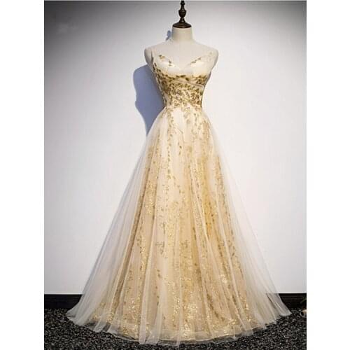 Vestido De Festa Sexy V-eck Evening Dresses Long Dress 2020 Champagne Gold A-line Evening Dress Elegant Lace Up Robe De Soiree