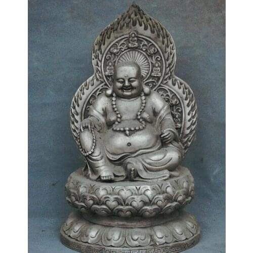 10.8" Old Chinese Silver Happy Laugh Maitreya Buddha Lotus Backlight Statue