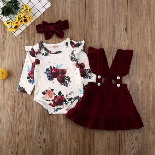 3pcsNewborn Toddler Kids Baby Girls clothes Floral Bodysuit bow Headband Strap Button skirts Outfit Baby Clothing