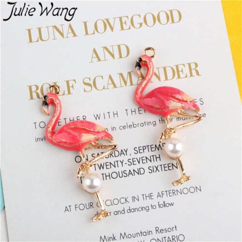Julie Wang 5PCS Enamel Red Flamingo Charms Bird With man-made Pearl Bracelet Necklace Alloy Gold Tone Jewelry Making Accessory
