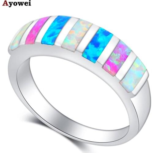 Ayowei Brand Trendy Design White Fire Opal Silver Stamped Rings for Girlfriend Fashion Jewelry USA Size #5#6#7#8#9#10 OR853A