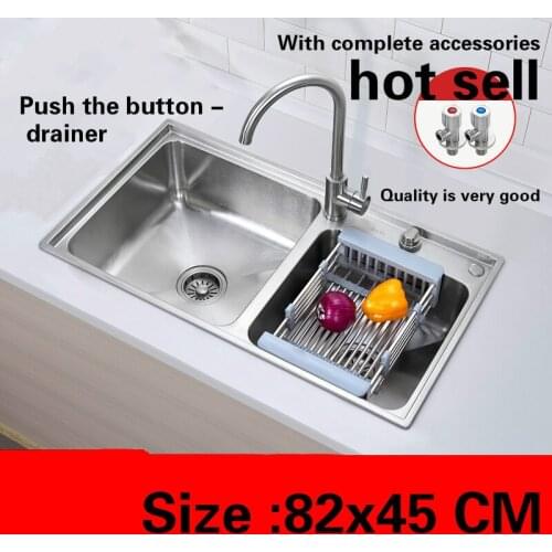 Free shipping Hot sell standard push the button - drainer luxury kitchen double groove sink durable 304 stainless steel 82x45 CM