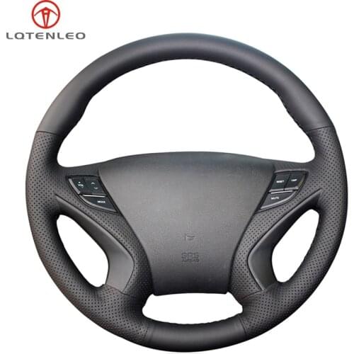 LQTENLEO Black Artificial Leather Hand-stitched Car Steering Wheel Cover For Hyundai Sonata 2011 2012 2013 2014