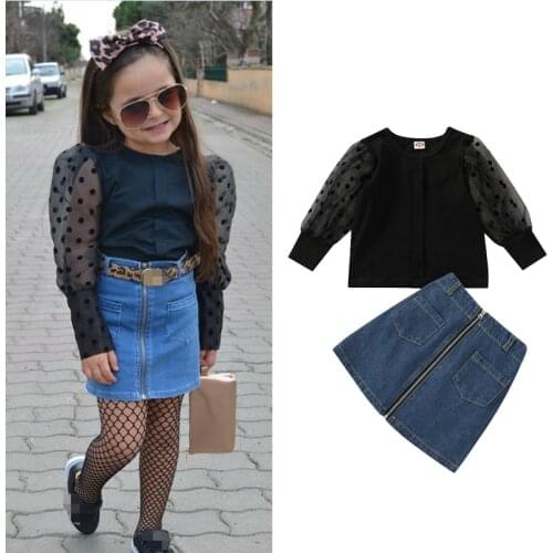 FOCUSNORM 1-6Y Fashion Infant Girls Clothes Sets 2pcs Long Puff Sleeve Polka Dot Printed T Shirts Tops Zipper Denim Skirts