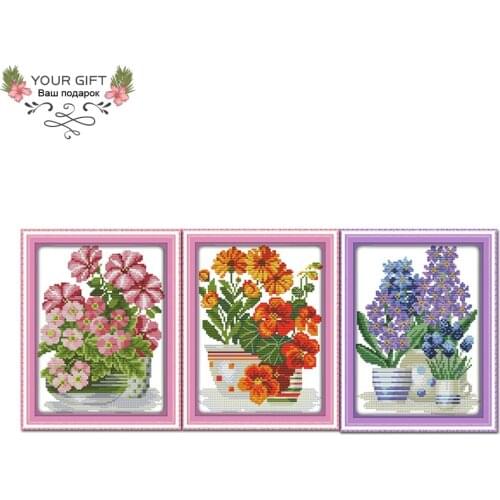 Joy Sunday H638(1)H639(2)H640(3) 14CT 11CT Counted and Stamped Potted Flower Series Embroidery DIY Home Decor Cross Stitch kits