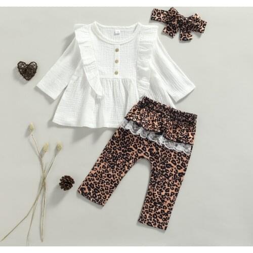 FOCUSNORM 0-24M 3pcs Infant Baby Girls Boys Clothes Sets Ruffles Long Sleeve Button Tops Leopard Printed Pants Headband