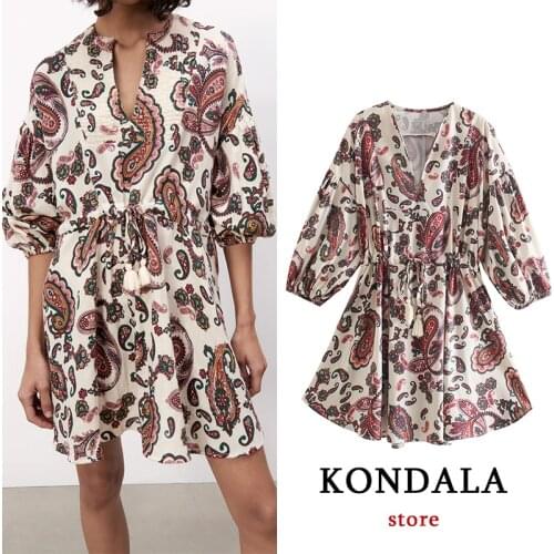 KONDALA Womens Dress Za Floral Print Chiffon A-Line Mini Dresses Female Short Sleeve V Neck Vintage Mujer Vestidos