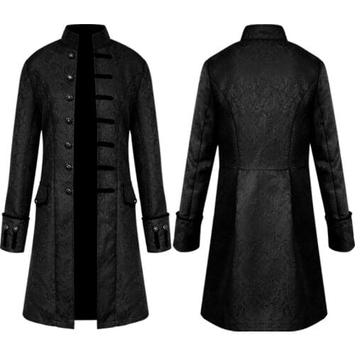 New Mens Retro Gothic Brocade Jacket Frock Long Sleeves Solid Color Stand Collar Long-Style Single Breasted Coat Leisure Time