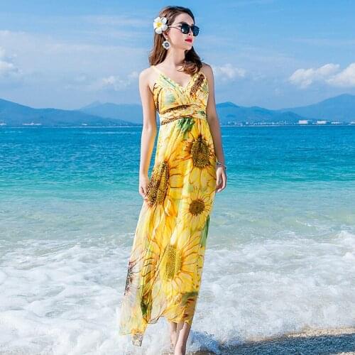 Summer Beach Dress Women Slim Long Print Floral Dress Casual Party Dresses Silk Office Wear Vestidos Verano LWL2667755