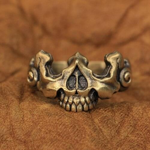 LINSION Details Brass Half Skull Face Ring Mens Biker Punk Ring BR275 US Size 7~15