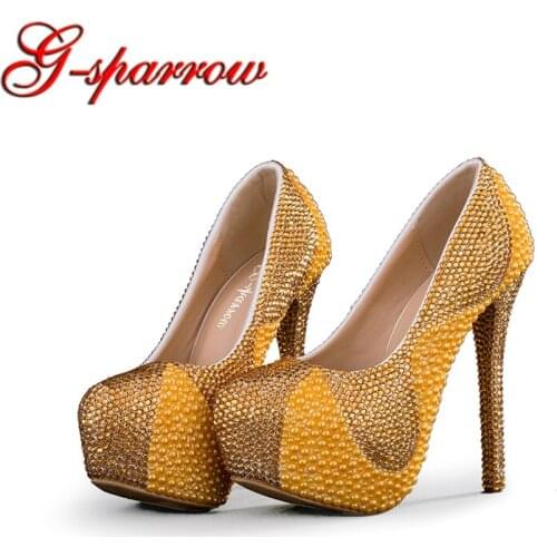 Newest Unique Designer Gold Pearls With Rhinestone Bride Shoes Platforms Women Stiletto Bridal Wedding shoes Birthday Party Pump