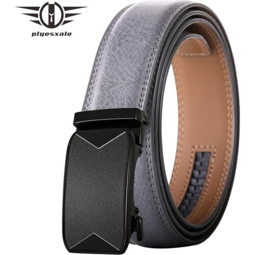Plyesxale New Fashion Luxury Automatic Buckle Belt For Men High Quality Black Brown Gray Mens Cowhide Genuine Leather Belt B638