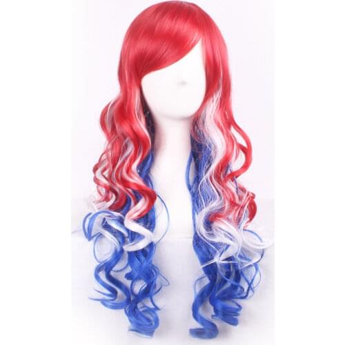 Party Wigs For Women Cheap Harajuku Lolita Red White Blue Ombre Synthetic Hair Long Wavy Cosplay Costume Wig Colorful Christmas