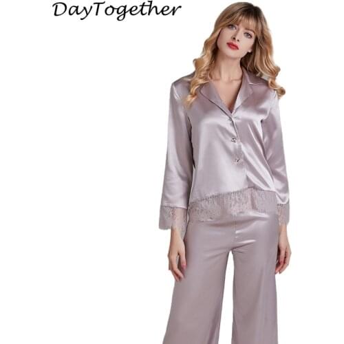 Pajamas Set Women Ice Silk Long Sleeve Tops and Pants With Lace Satin Sleepwear Female Homewear