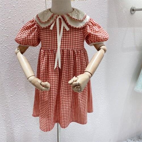 2021 Summer Girls Korean Dress Princess Dress Girls Short Sleeve Cotton Frocks Childrens Double Collar Plaid Print One Piece