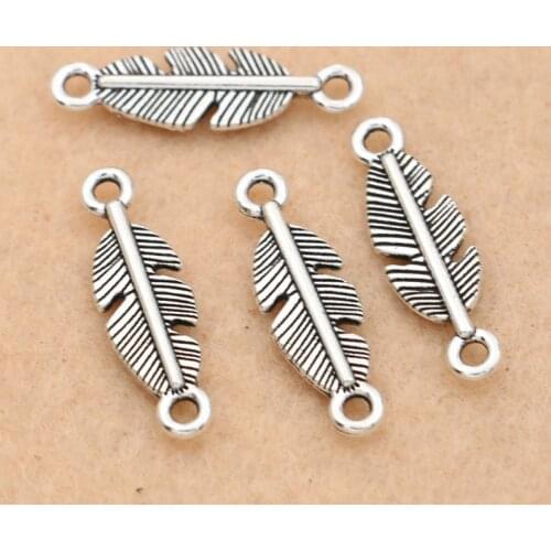 10pcs Antique Silver Plated Feather Charms Connector for Jewelry Making Bracelet Accessories DIY Jewelry Findings 22x7mm