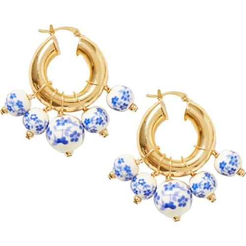 Hollow fashion jewelry handmade Ethnic Chinese Round blue Printed flower Crafts Patterns Ceramic Porcelain Spacer beaded earring