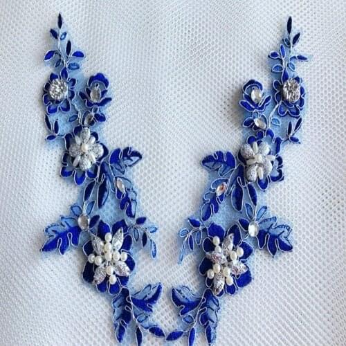 Blue beaded lace on the flower hand-stitched rhinestone lace decals clothing DIY decorative accessories