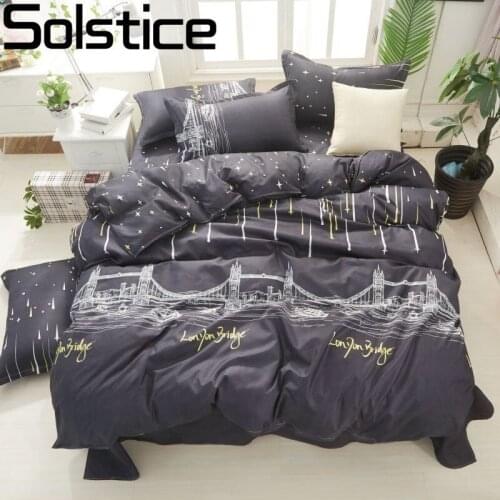 Solstice Home Textile London Bridge Black Linen Boy Kid Teen Bedding Set Duvet Cover Pillowcase Flat Bed Sheets Girls Bedclothes