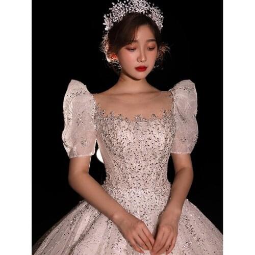 Luxurious Wedding Dresses Ball Gown Sweetheart Fluffy Lace Beaded Crystal Diamond Floor Length Bridal Gowns Vestido De Noiva