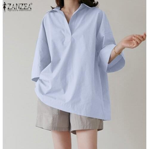 Womens Lapel Blouses ZANZEA 2021 Stylish Solid Tops Casual 3/4 Sleeeve Blusas Female Baggy Tunic Plus Size Chemise White Top